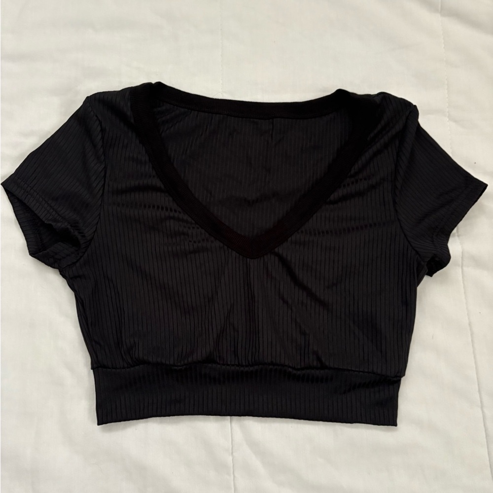 Black V-Neck Ribbed Women's Top